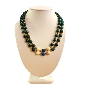 Double Strand Vintage Multi Gem Necklace with Hand Engraved Spacers,Gold Plated.